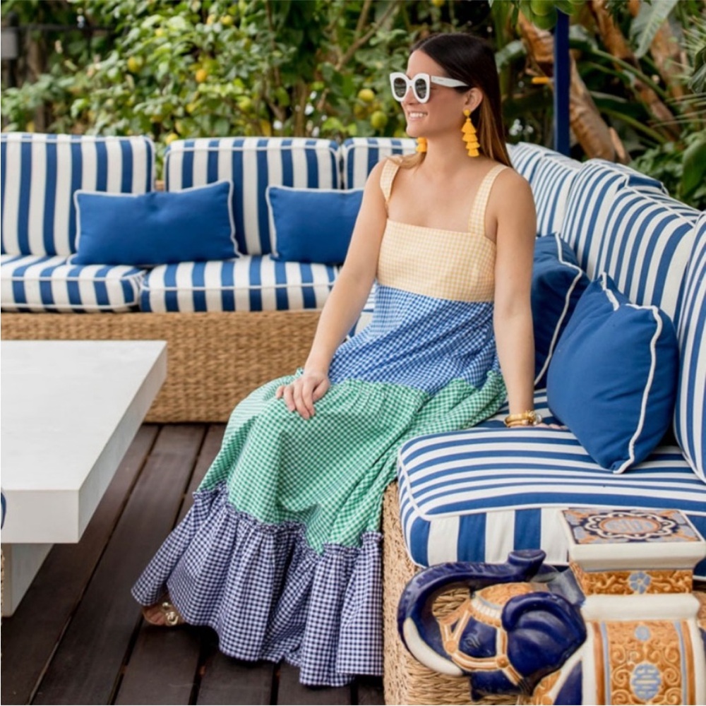 MDS Stripes Yellow Blue Green Gingham Tiered Maxi Dress 4 - Picture 12 of 16
